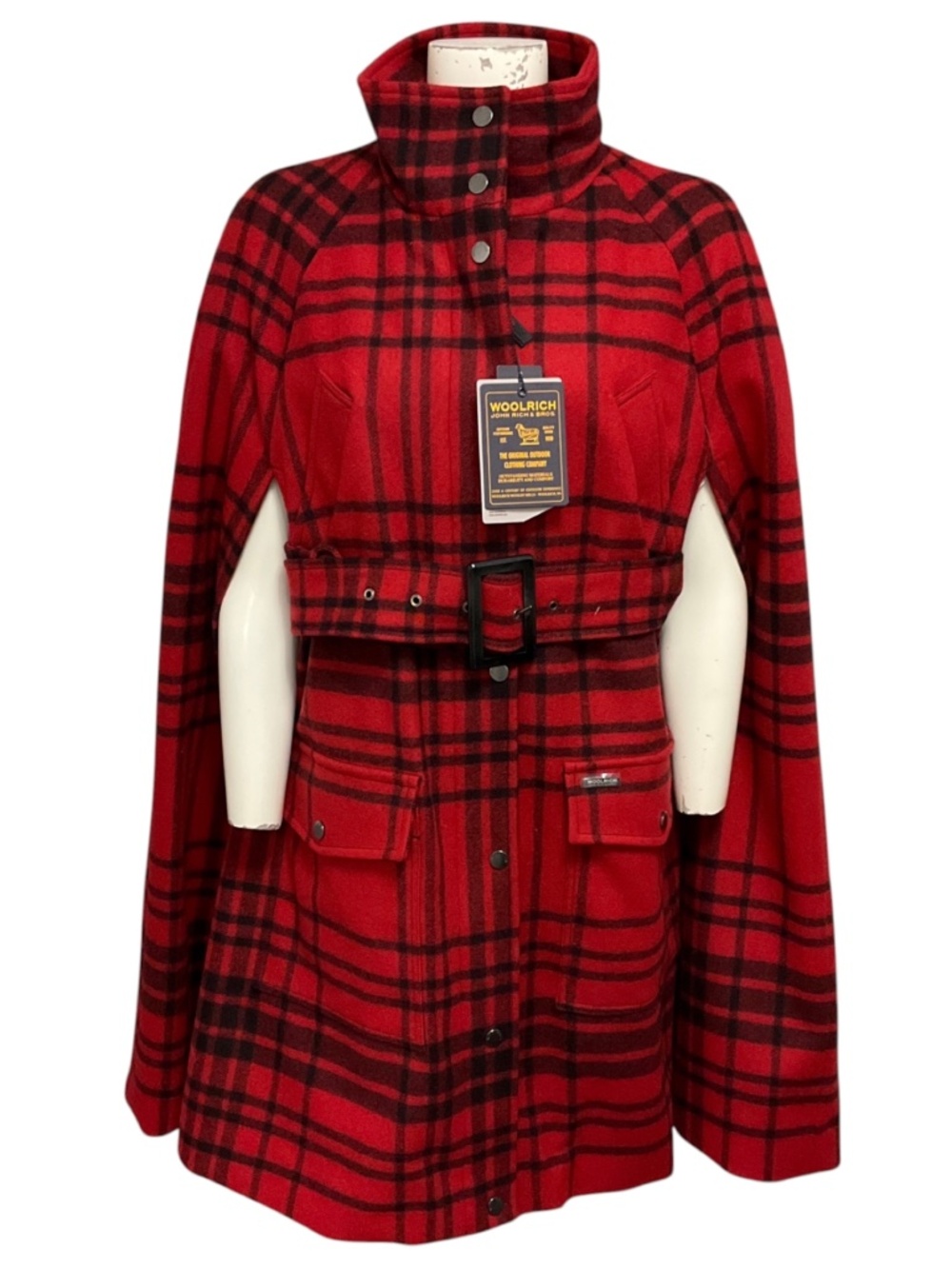 WOOLRICH RED PLAID WOOL CAPE WITH BELT